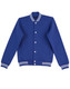 A blue fleece varsity jacket featuring contrasting white stripes and a logo. It has a button-up front and side pockets.