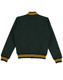 A dark green varsity jacket with yellow and white striped cuffs and collar, featuring a logo.