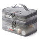 A grey nylon mesh sheer double layer cosmetic bag with a handle and zipped compartments, featuring various bottles inside.