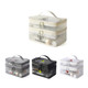 A clear nylon mesh cosmetic bag with double layers, featuring a handle and available in grey, black, and white.