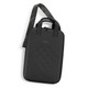 A black laptop case with a textured surface, featuring a handle and adjustable shoulder strap. It has a logo on the front.