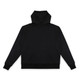 A black hoodie with a front pocket and a large hood. The product features a logo on the chest area. A black hoodie with a front pocket and a large hood. The product features a logo on the chest area.