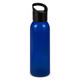 A drink bottle with a blue body and a black lid, featuring a fitness-friendly design and a logo.