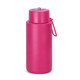 A drink bottle in vibrant pink, featuring a lid with a spout and a loop for easy carrying, includes a logo. A drink bottle in vibrant pink, featuring a lid with a spout and a loop for easy carrying, includes a logo.