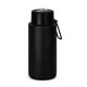 A drink bottle in matte black finish with a secure lid and a carrying strap, featuring a logo.