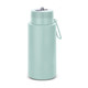 A drink bottle in a light mint green colour, featuring a secure lid and a branding logo.