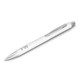 A white pen with a silver clip and a laser-cut logo on the barrel.
