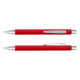 A red pen with a silver clip and accents, featuring a smooth design and a logo on its side.