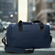 A navy blue soft-touch duffle bag with black handles and a shoulder strap, featuring a logo. A navy blue soft-touch duffle bag with black handles and a shoulder strap, featuring a logo.
