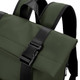 A soft-touch flap backpack in forest green with black straps and a buckle closure. It features a logo on the strap.