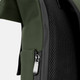 A close-up of a green soft-touch flap backpack, featuring a zipper and mesh side panel.