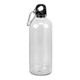 A drink bottle with a clear body, black lid, and a metal carabiner attached. It has a simple design and no visible branding.