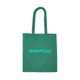 A green recycled cotton tote bag featuring a logo on the front. The bag has two sturdy handles.