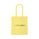 A yellow recycled cotton tote bag with handles and a logo on the front.