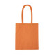 An orange tote bag with two long handles and a simple design. It has a branding logo.