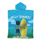 A blue cotton surf poncho towel featuring a graphic of a child with a surfboard and a summer theme.
