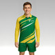 A long sleeve polo shirt in green and yellow with a logo and dynamic design elements.