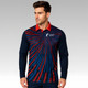 A long-sleeve polo in navy blue with red and blue graphic patterns, featuring a logo on the chest.