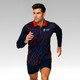 A sporty long-sleeved polo in navy and red with a dynamic design and a logo on the chest.