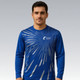 A blue long-sleeved shirt with a silver graphic design and a logo on the front.