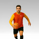 A model wearing a long-sleeved shirt featuring a red and yellow design, holding a basketball. The shirt has a logo.