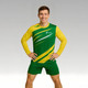 A man models a long-sleeved, yellow and green sports shirt with a logo. It features a micro mesh design.