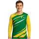 A long sleeves sports shirt in green and yellow, featuring a logo and dynamic design elements.