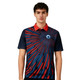 A blue and red polo shirt featuring a spiral pattern and a logo on the chest.