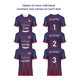 A collection of navy and red sublimated sports polo shirts with individual names and a logo on each.
