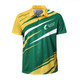 A green and gold polo shirt featuring a dynamic design and a logo. Made from 100% polyester.