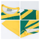 A sports tee shirt in green and yellow, featuring stripes and a logo, designed for athletic wear.