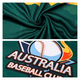 A green polyester baseball jersey with a logo featuring a baseball and event branding.