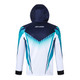 A hooded jacket featuring a navy blue and white design with teal accents, made from 100% polyester. It includes a logo.