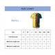 A men's full-button baseball jersey in green and yellow with a logo, featuring a detailed size chart for various measurements.