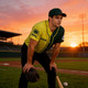 A men's full-button baseball jersey in yellow and green, featuring a logo, worn by a player at sunset on a field.