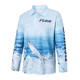 A light blue long-sleeve polo shirt featuring a fish design and a logo on the sleeve.