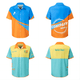 A vibrant button-up shirt featuring blue, orange, and yellow colours with branding on the front and back.