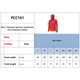 A red hoodie made from polyester and spandex, designed for sun protection, with a logo and size details.
