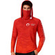 A red polyester spandex hoodie with a hood and face covering, featuring a logo on the chest and sleeve.
