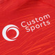 A red polyester spandex hoodie featuring sublimated patterns and a logo on the front.