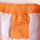 A pair of men's swim shorts featuring a white fabric and an orange elastic waistband with an interior pocket. A pair of men's swim shorts featuring a white fabric and an orange elastic waistband with an interior pocket.