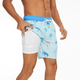 Men's sublimated swim shorts in light blue with palm tree patterns. Features a logo and a pocket for a phone. Men's sublimated swim shorts in light blue with palm tree patterns. Features a logo and a pocket for a phone.