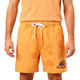 Men's orange polyester spandex swim shorts featuring a leaf pattern and a logo on the front.