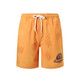 Orange men's swim shorts featuring a leaf pattern and a logo, made from polyester and spandex.