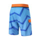 Knee-length swim shorts in blue with a zigzag pattern and orange accents, featuring a side pocket and a logo. Knee-length swim shorts in blue with a zigzag pattern and orange accents, featuring a side pocket and a logo.