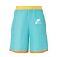 Men's polyester sublimated beach shorts in teal, featuring a yellow waistband and orange trim, with a logo.