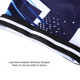A close-up of black and blue Men's Sublimated Cycling Bib Shorts, highlighting the silicone gripper tape at the hem.