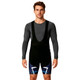 Men's sublimated cycling bib shorts featuring a black upper and blue patterned lower section, with a logo present.