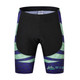 Men's cycling shorts featuring a black base with green and purple patterned accents, and a logo. Designed for sports use.