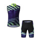 A men's cycling vest in purple and green with a stylish geometric pattern, paired with matching shorts. Features a logo.